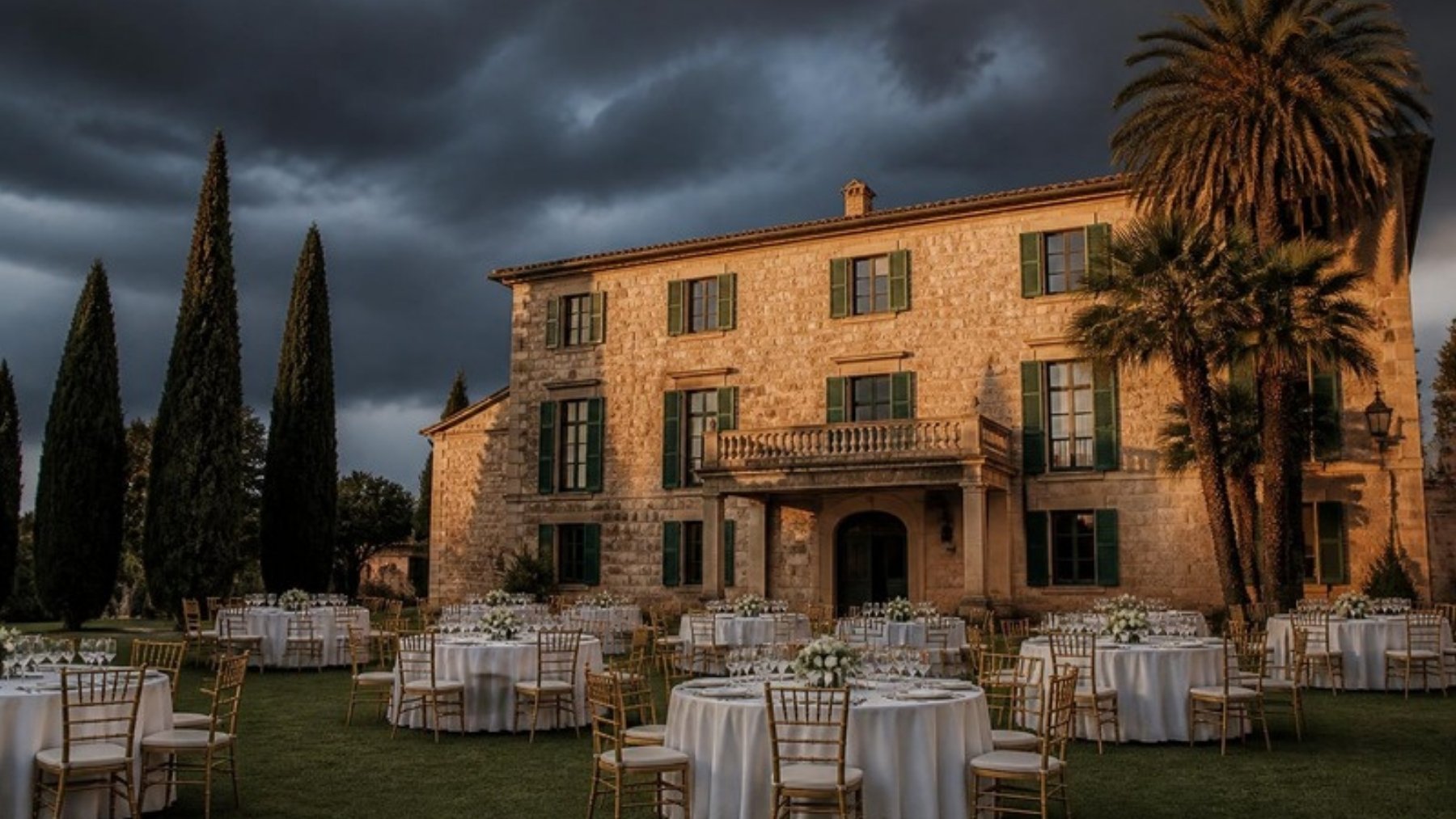 Storm clouds gathering over an outdoor wedding dinner at a Mallorcan manor house